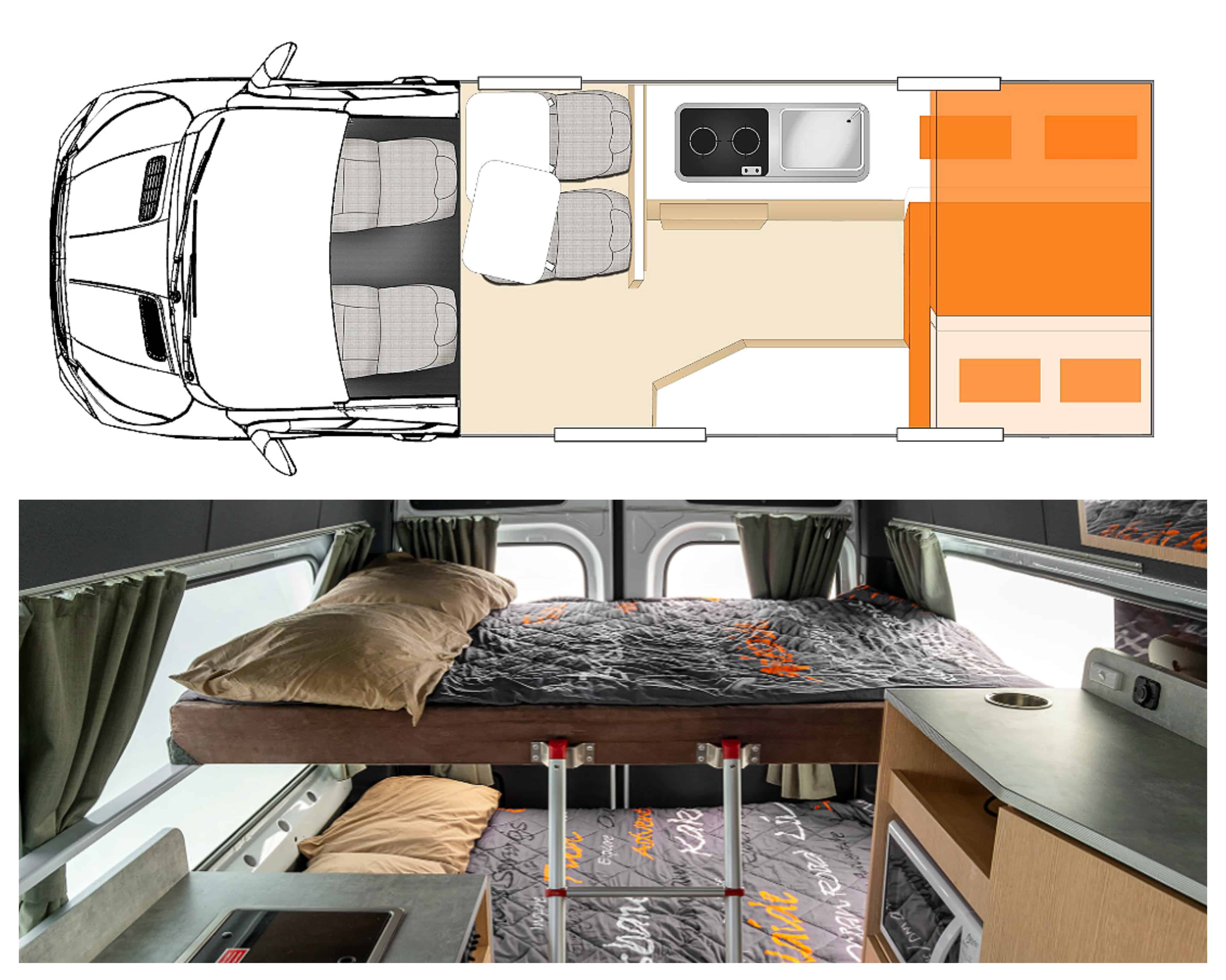 Plan et photo intérieur van modèle Apollo Endeavour Camper en Australie